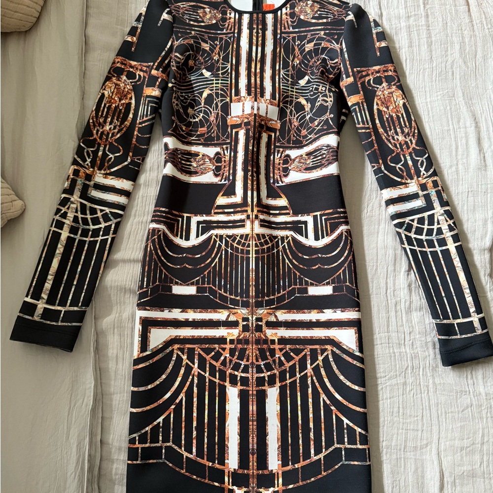 Clover Canyon Black and Gold Sheath Dress with Cuffed Long Sleeves